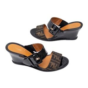 Fendi Zucca Monogram Canvas & Patent Leather Wedge Sandals‎ Black Size:40